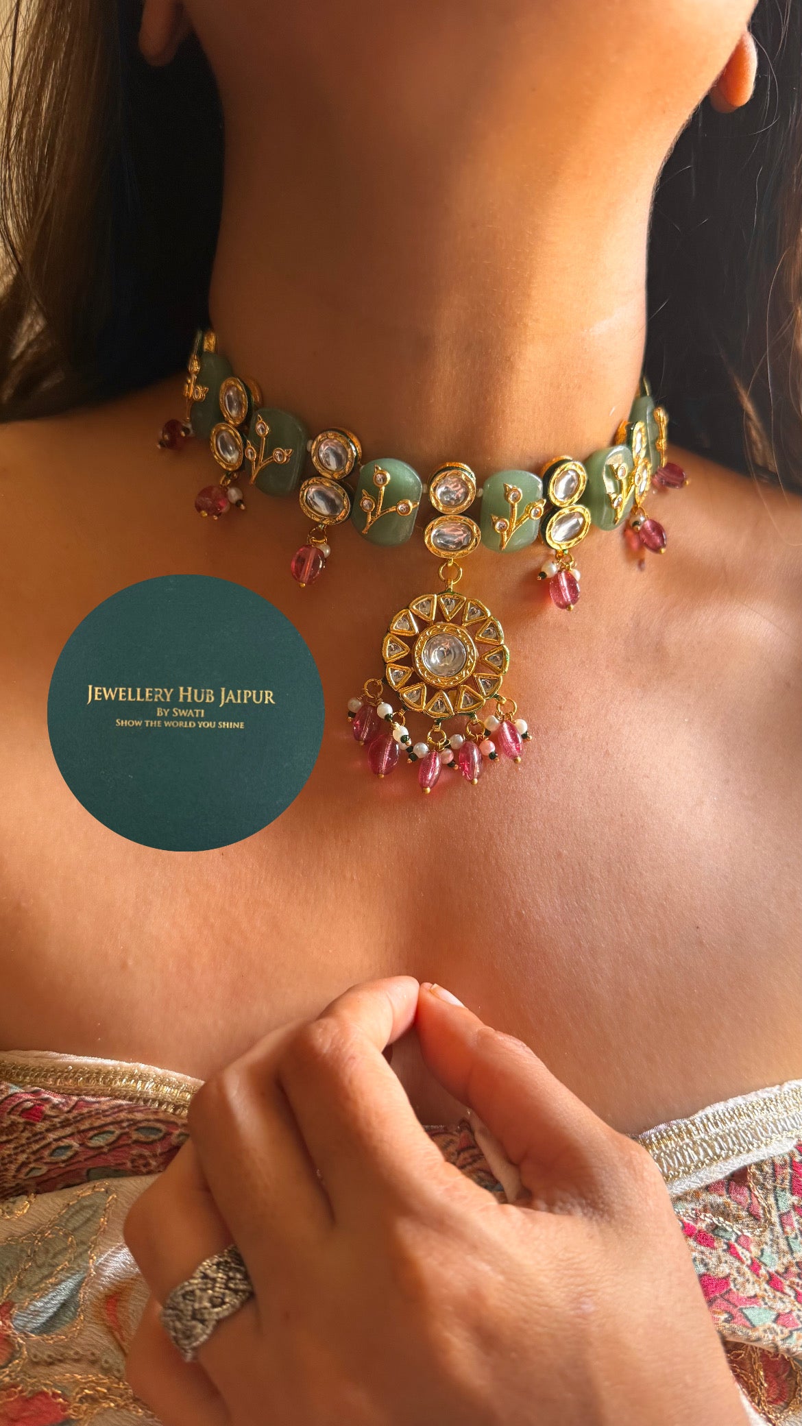 Mint inlay work & emerald meenakari paachi with rani pink drops choker set