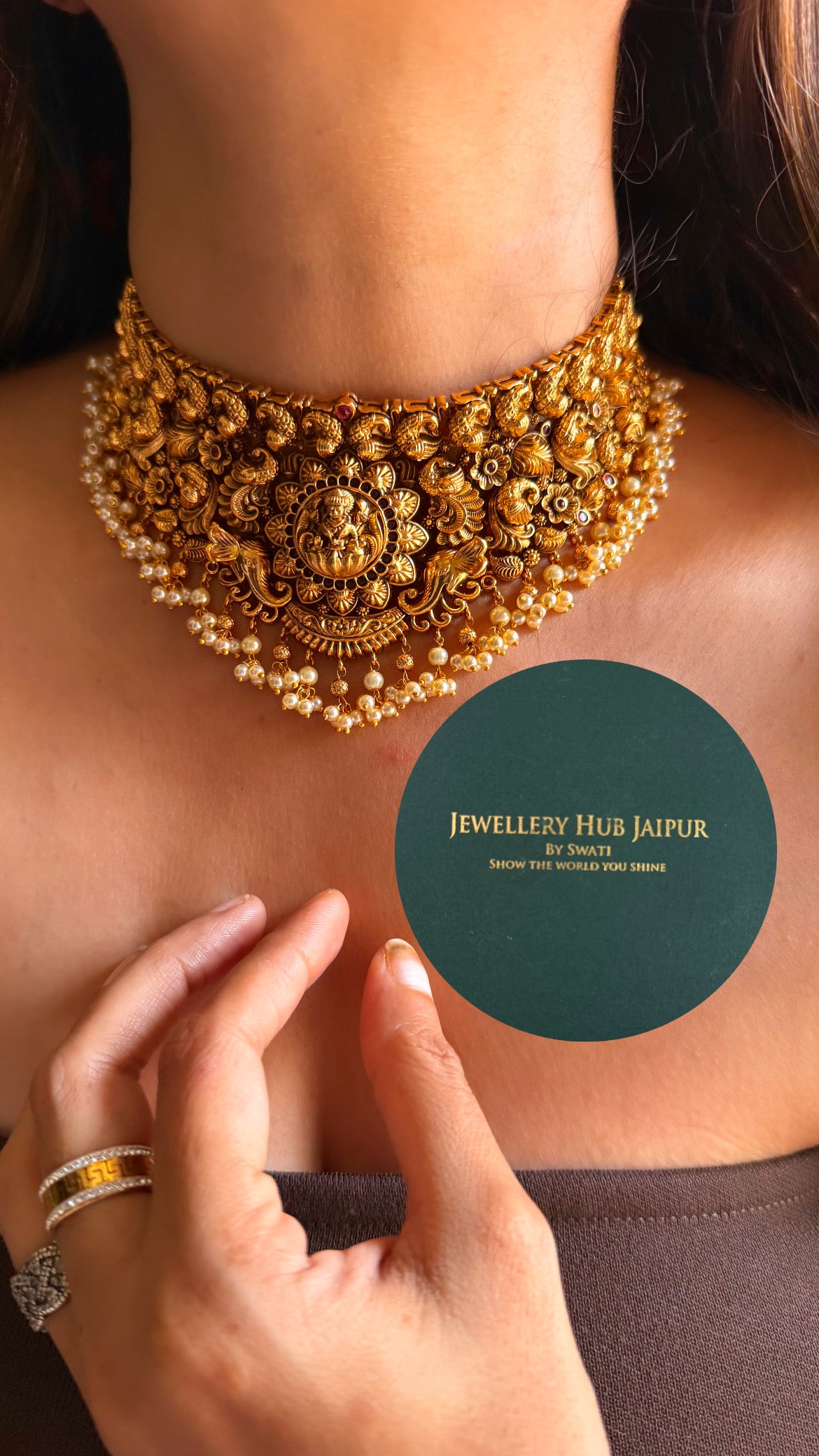 Goddess laxmi & ruby with pearl drops temple choker set