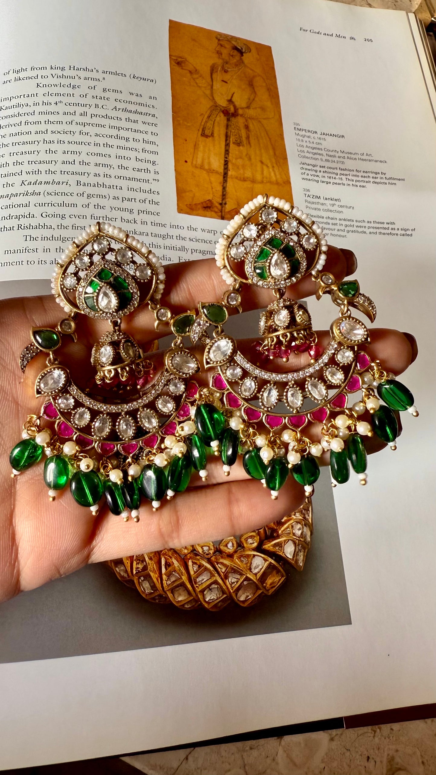 Rani pink & emerald moissanite polki chandbali