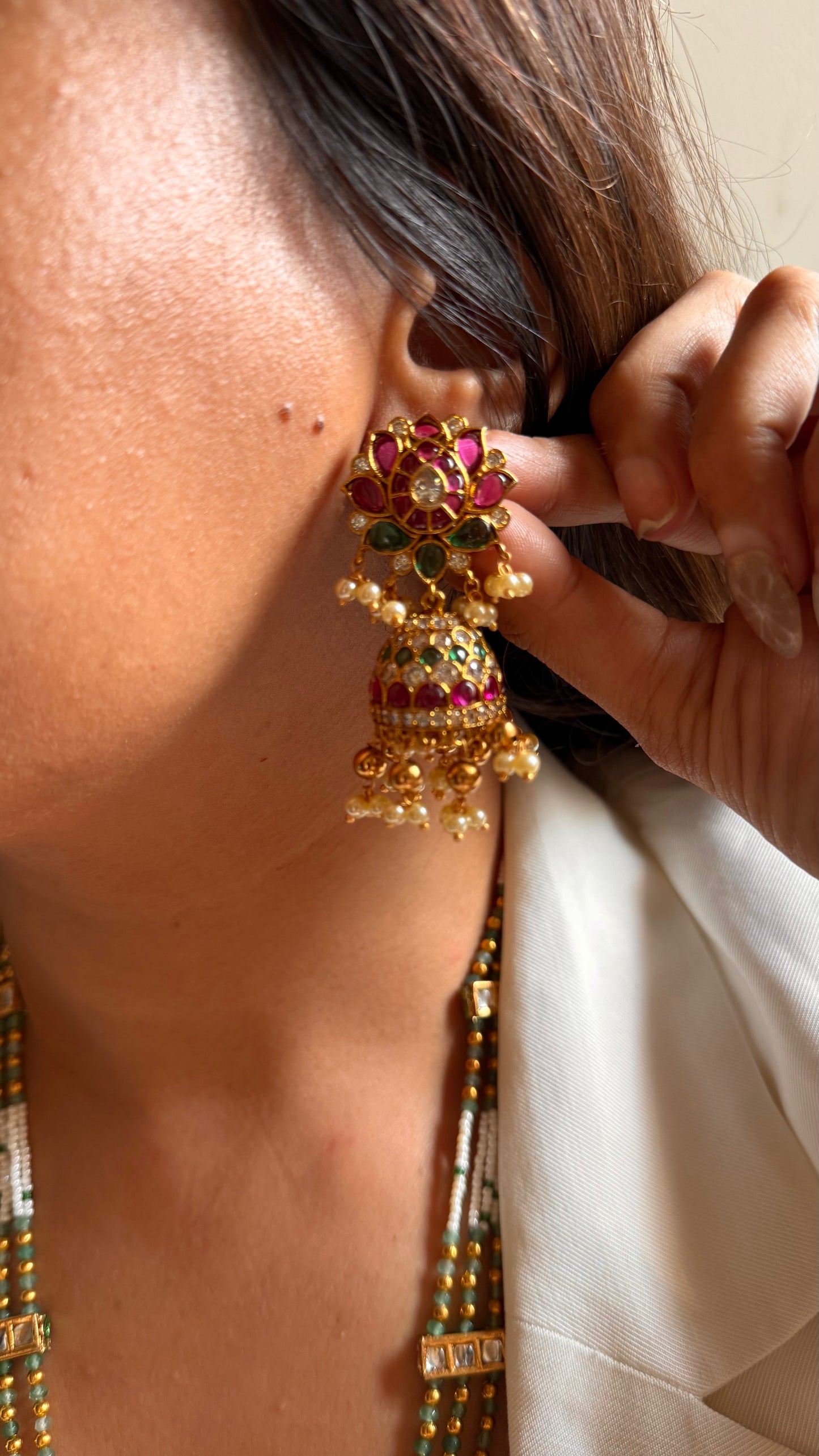 Rani pink & mint strings with mint drop rajwada long set