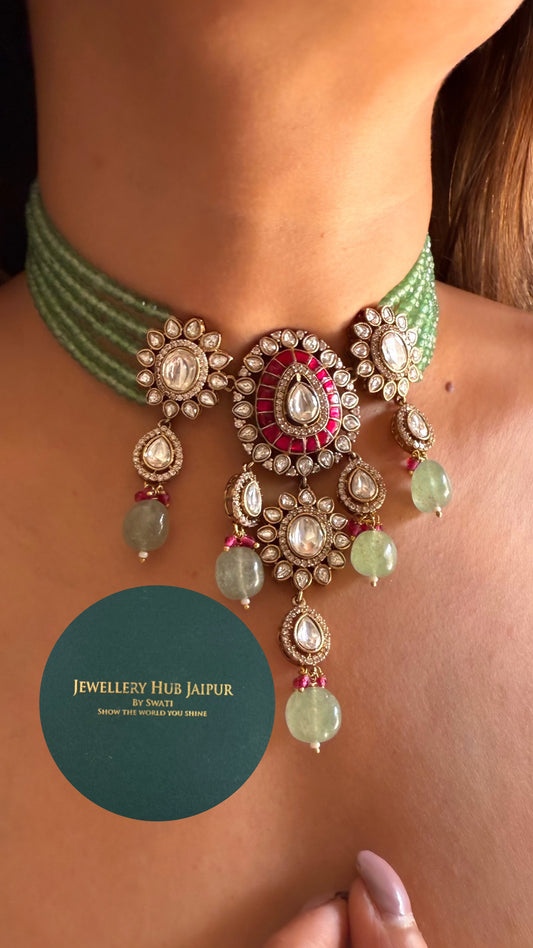 Riva Ruby moissanite polki & mint drop choker