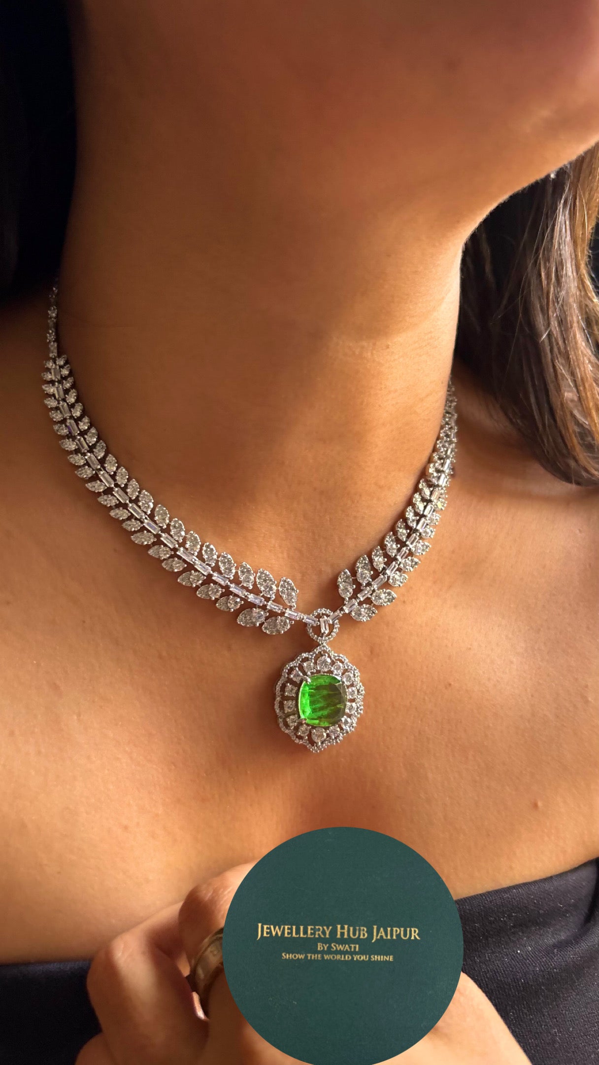 Emerald designer cz leafy crystal necklace