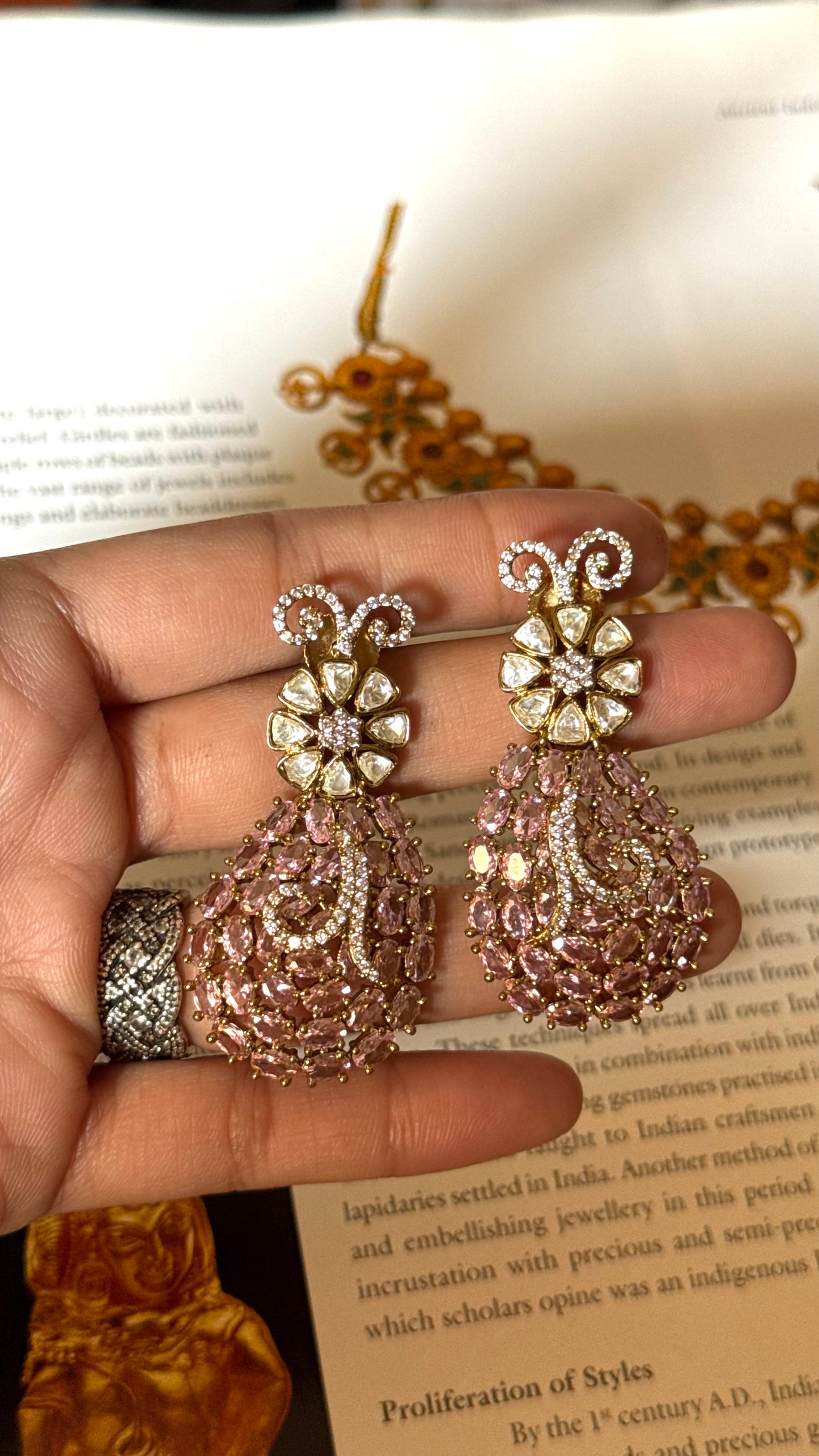 Rose quartz doublets  floral cocktail earrings