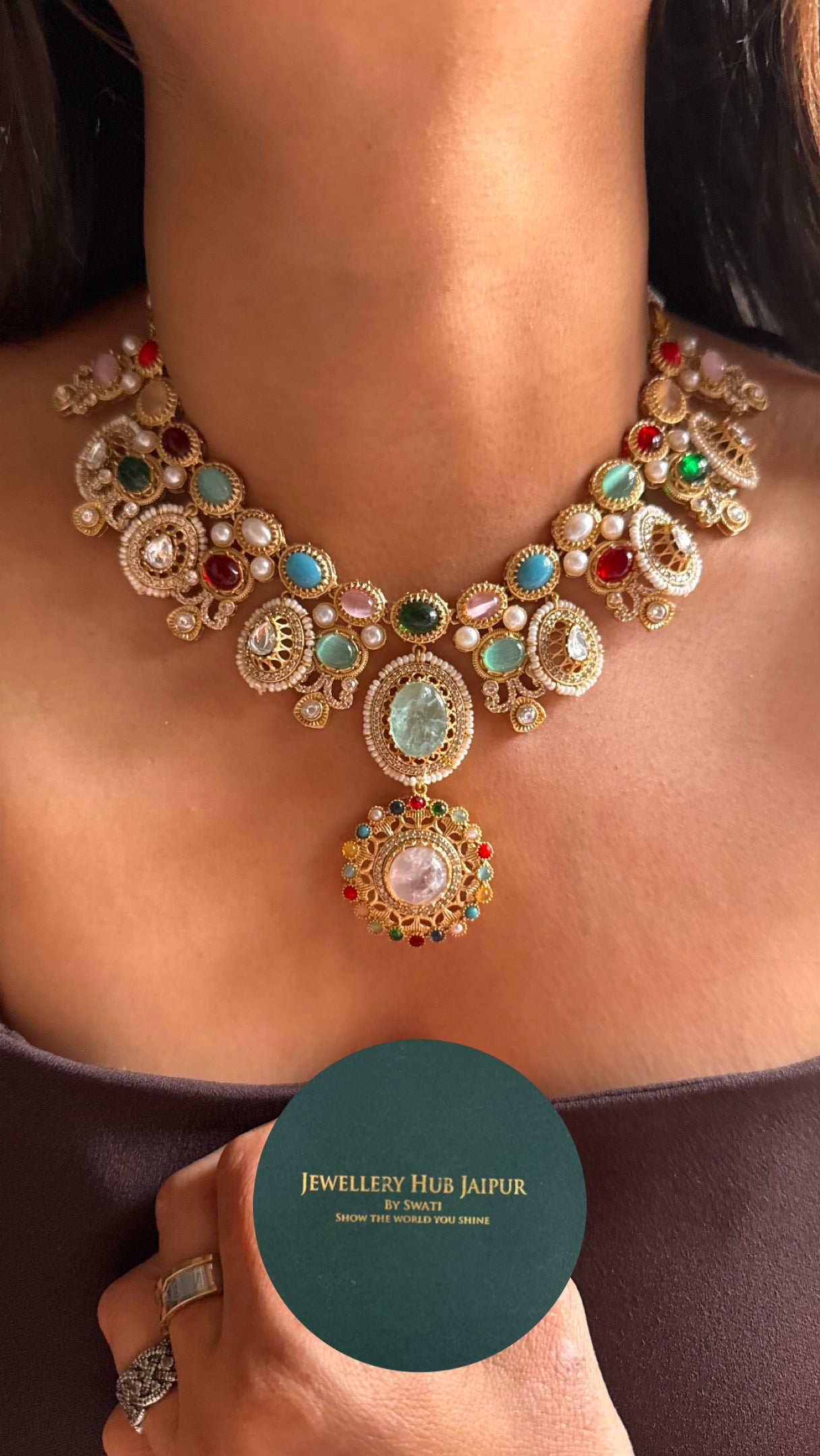 Sabyasachi inspired navratna ( rose quartz ) necklace
