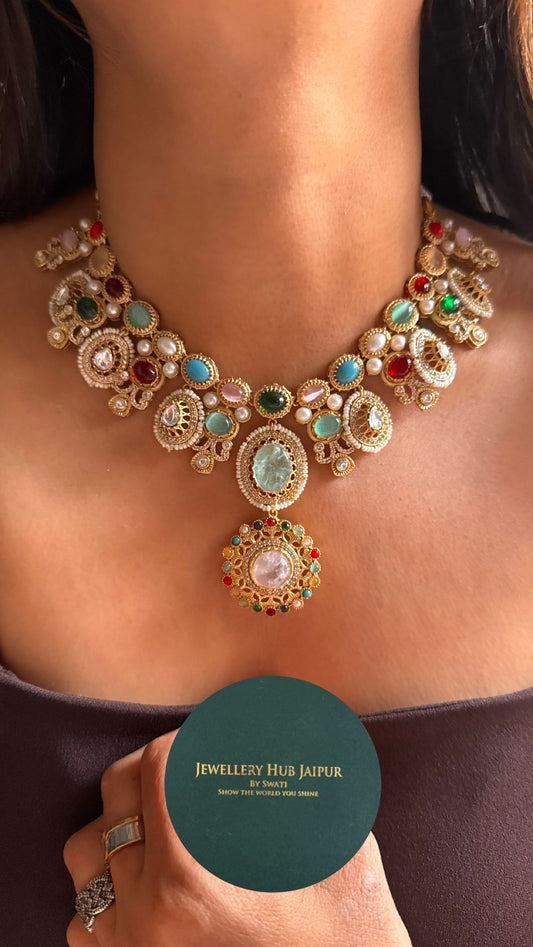 Sabyasachi inspired navratna ( rose quartz ) necklace