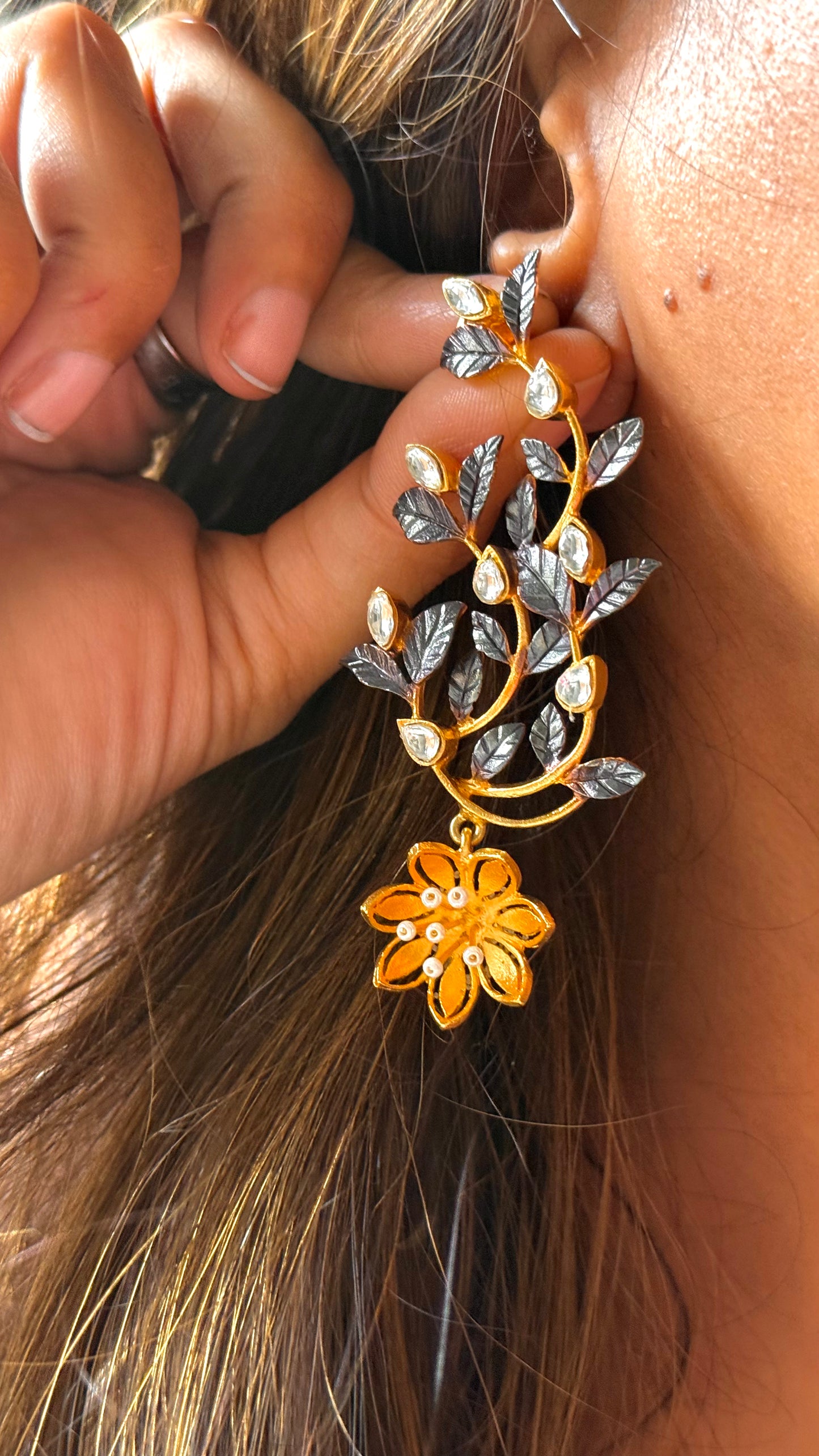 24kt Dubai Gold inspired sunflower under leaf danglers