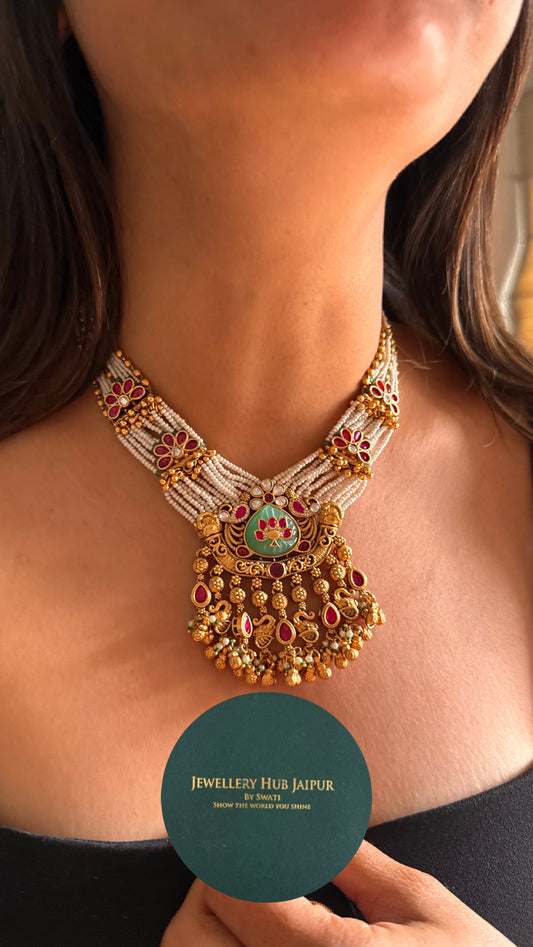 Rajwadi piroyi mint inlay necklace