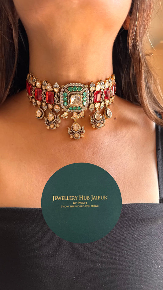 mint & ruby peeli polki moissanite necklace