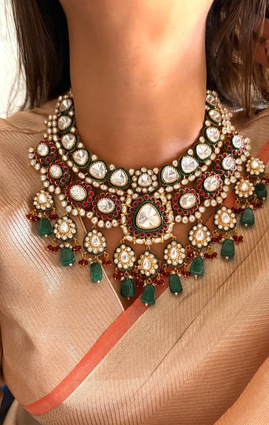 Emerald meenakari moissanite uncut polki & ruby moissanite collar necklace