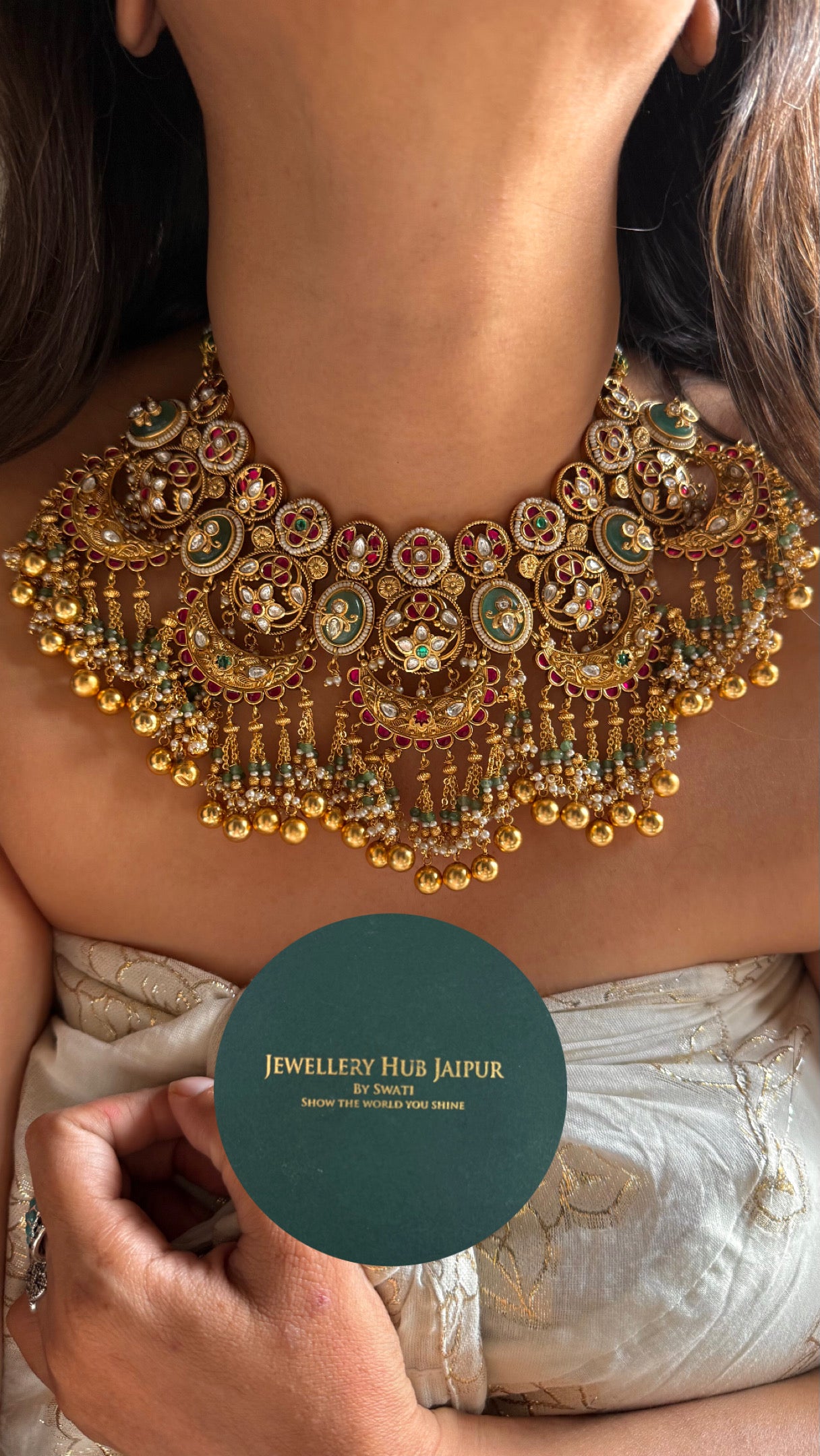Ruby & mint heritage half moon rajwada Necklace