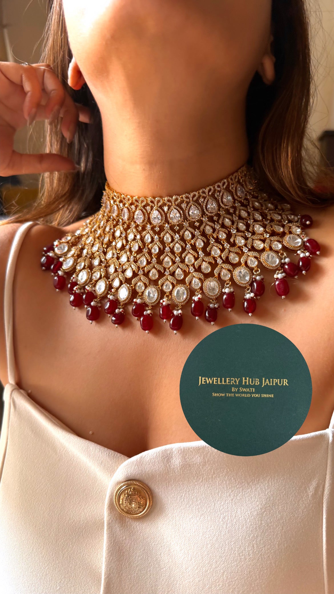 Chetna Moissanite polki bridal choker with ruby drops