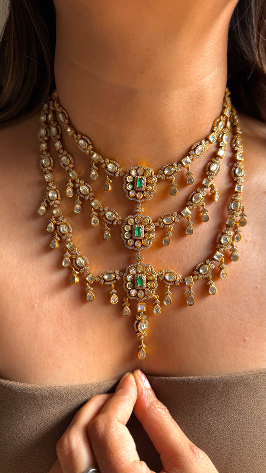 Triple layered emerald peeli polki Necklace