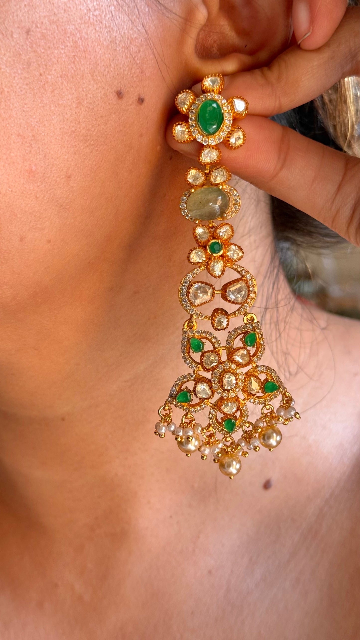 Emerald doublet & real moissanite floral danglers