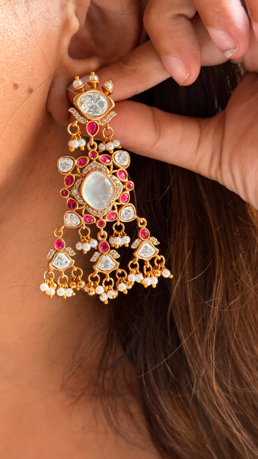 Mother of pearl ruby moissanite danglers