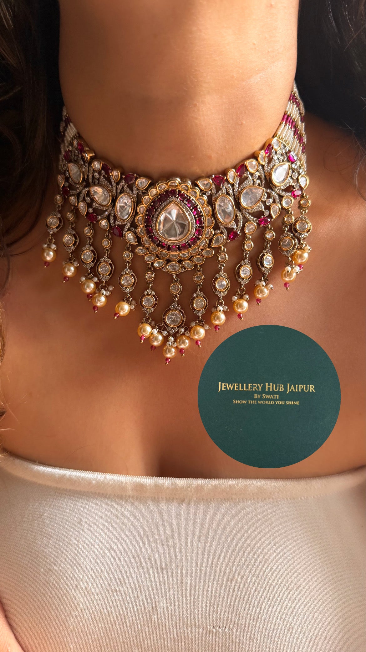 Rani pink uncut polki with pearl drop choker set