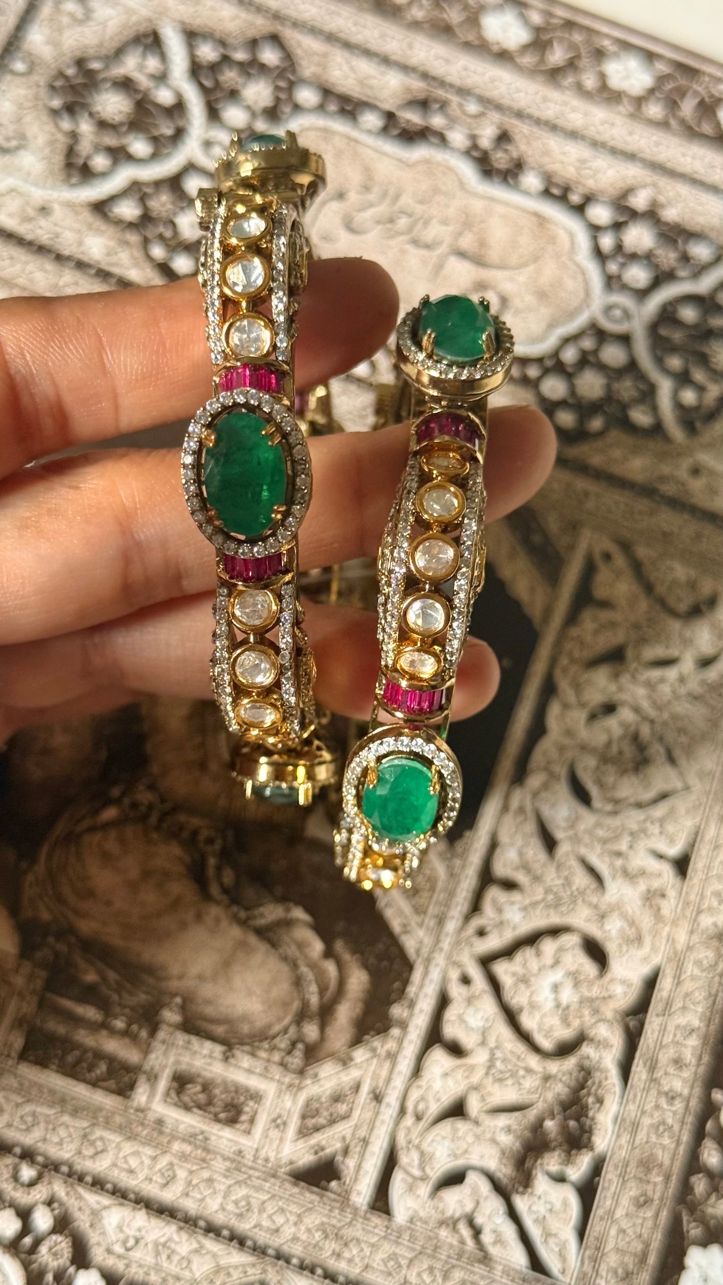 Emerald doublet & rani pink moissanite Victorian openable bangle