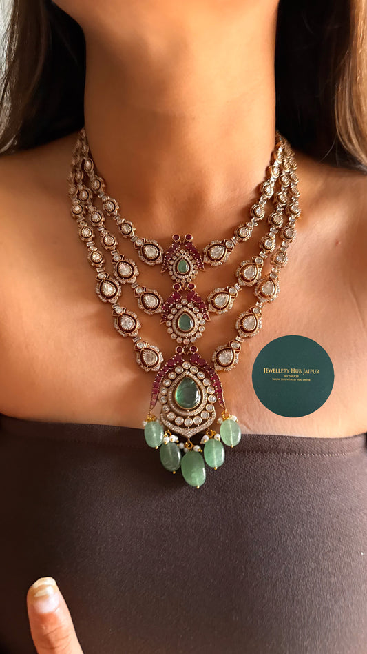 Mint doublet & Rani pink moissanite polka 3 layer with mint drop collar set