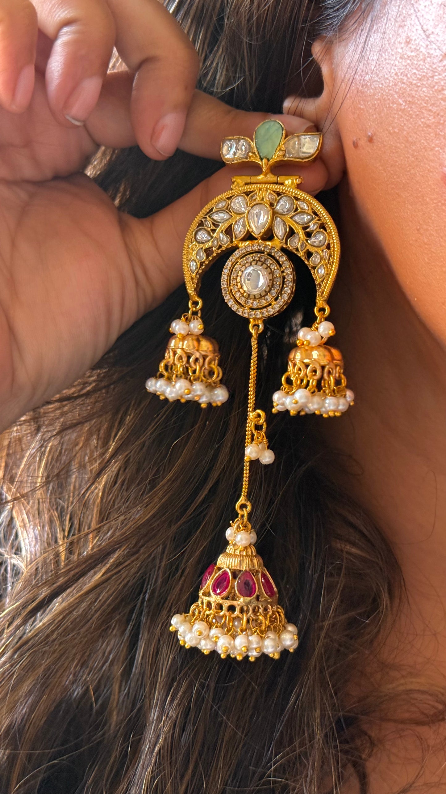 Amrapali inspired mint Rani pink triple Jhumki Danglers