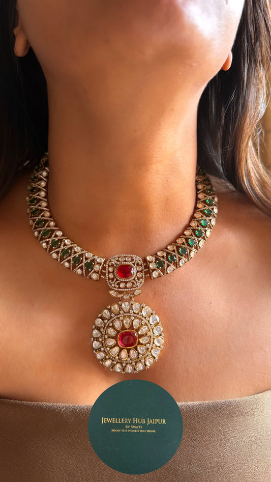 Emerald doublets with ruby moissanite Necklace