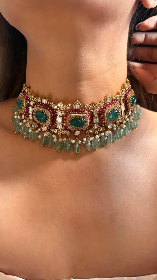Bridal Asia Ruby mint and panna choker necklace set