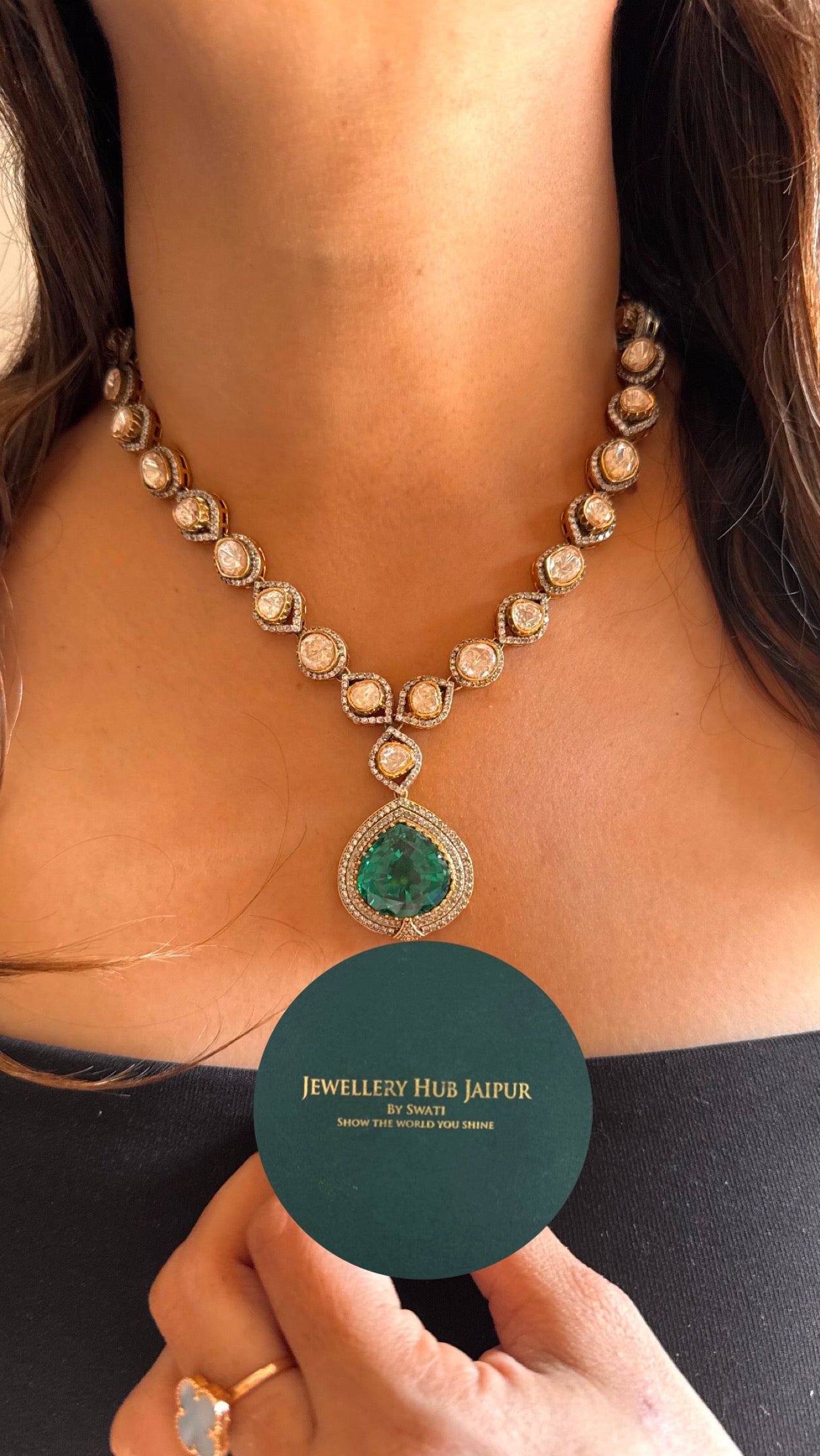 emerald moissanite peeli polki necklace