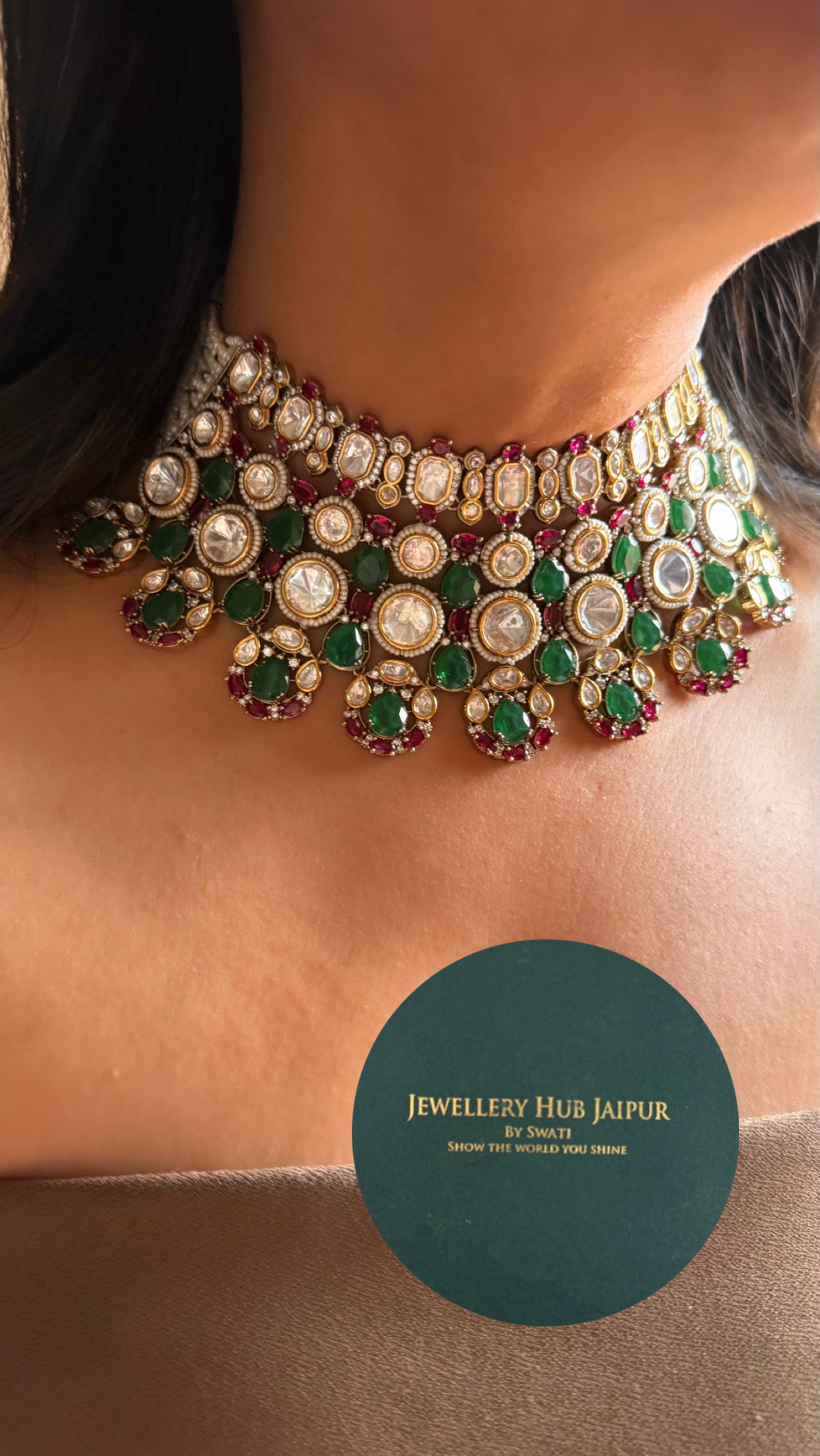 Emerald & ruby doublet real moissanite choker set
