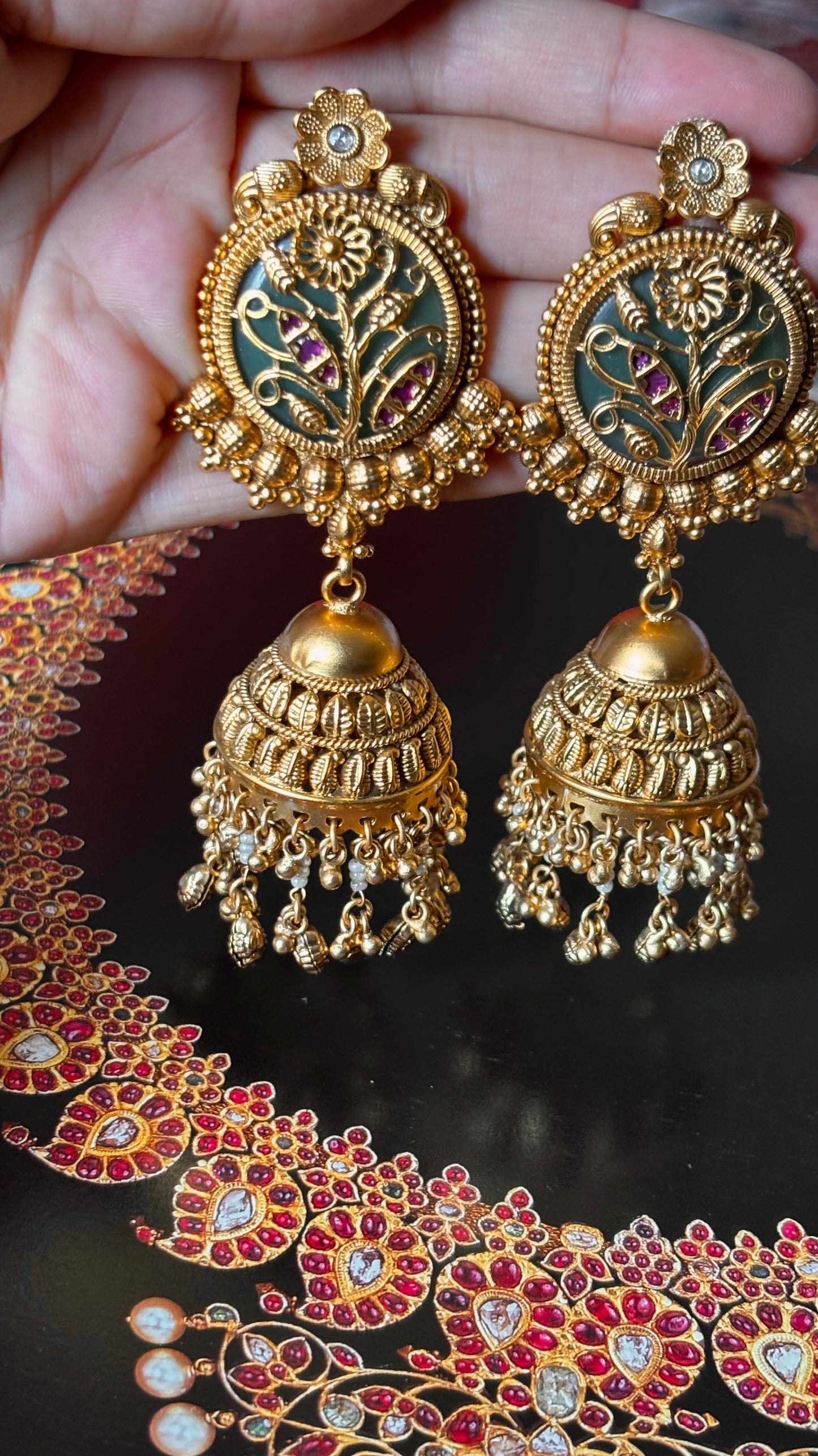 Mint inlay nakashi rani pink golden jhumki earrings