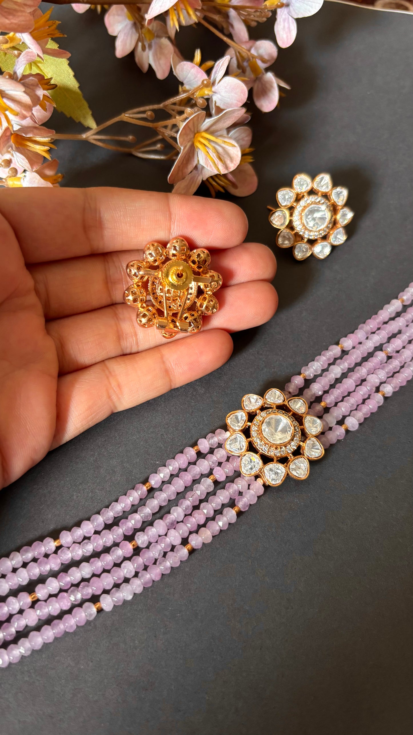 Real Moissanite floral polki Lilac pearl detailing choker necklace