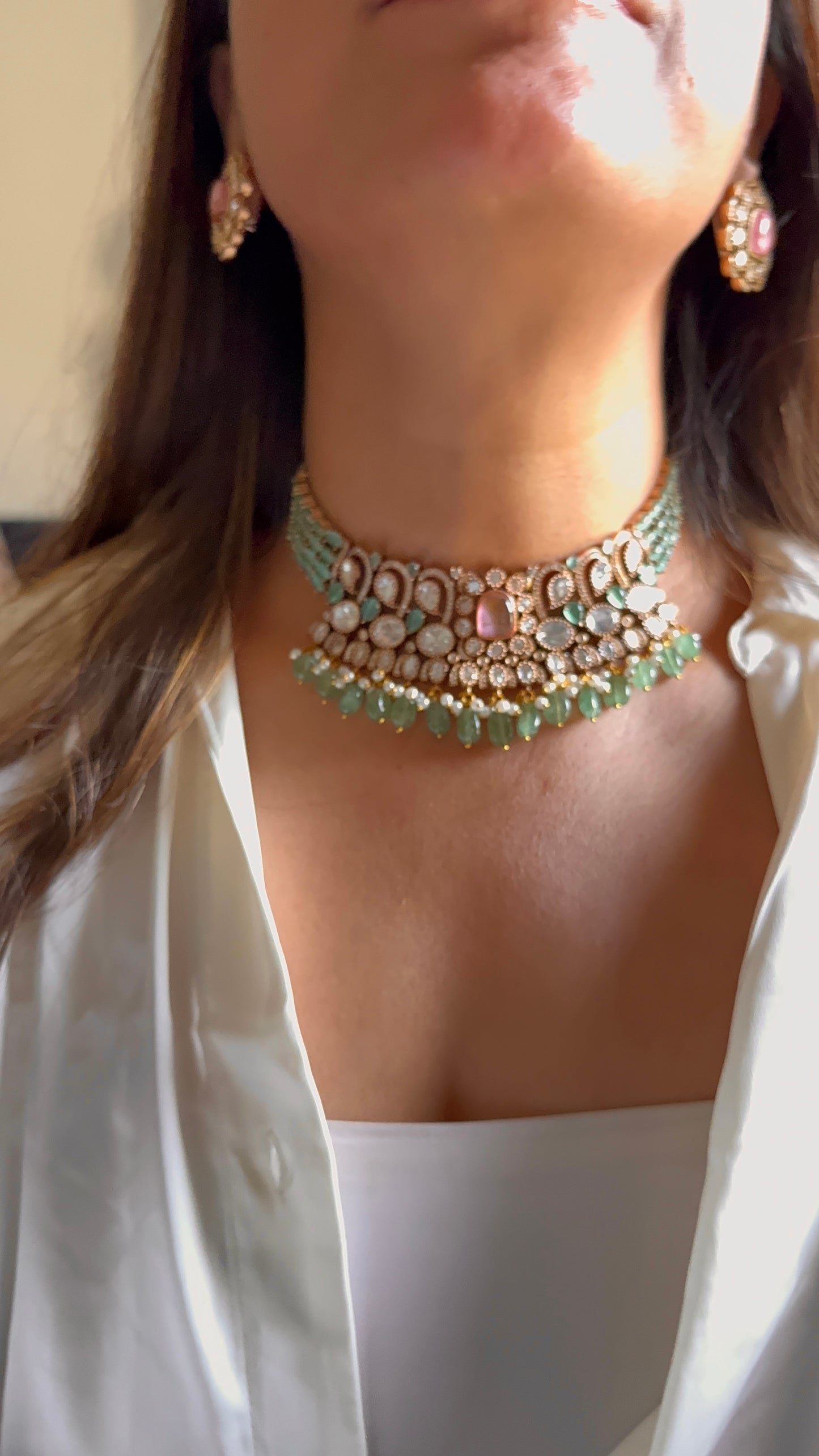 Rose quartz & mint Moissanite polki choker