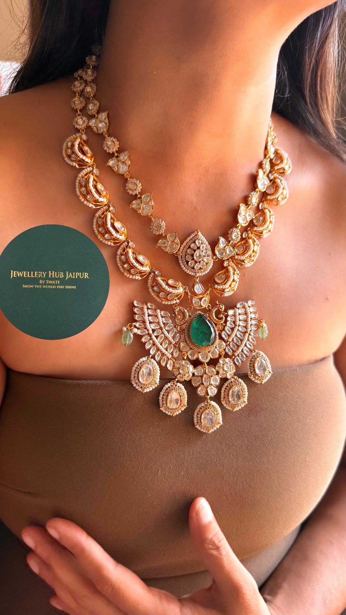 Real moissanite & emerald doublet with mint strawberry designer mid length set