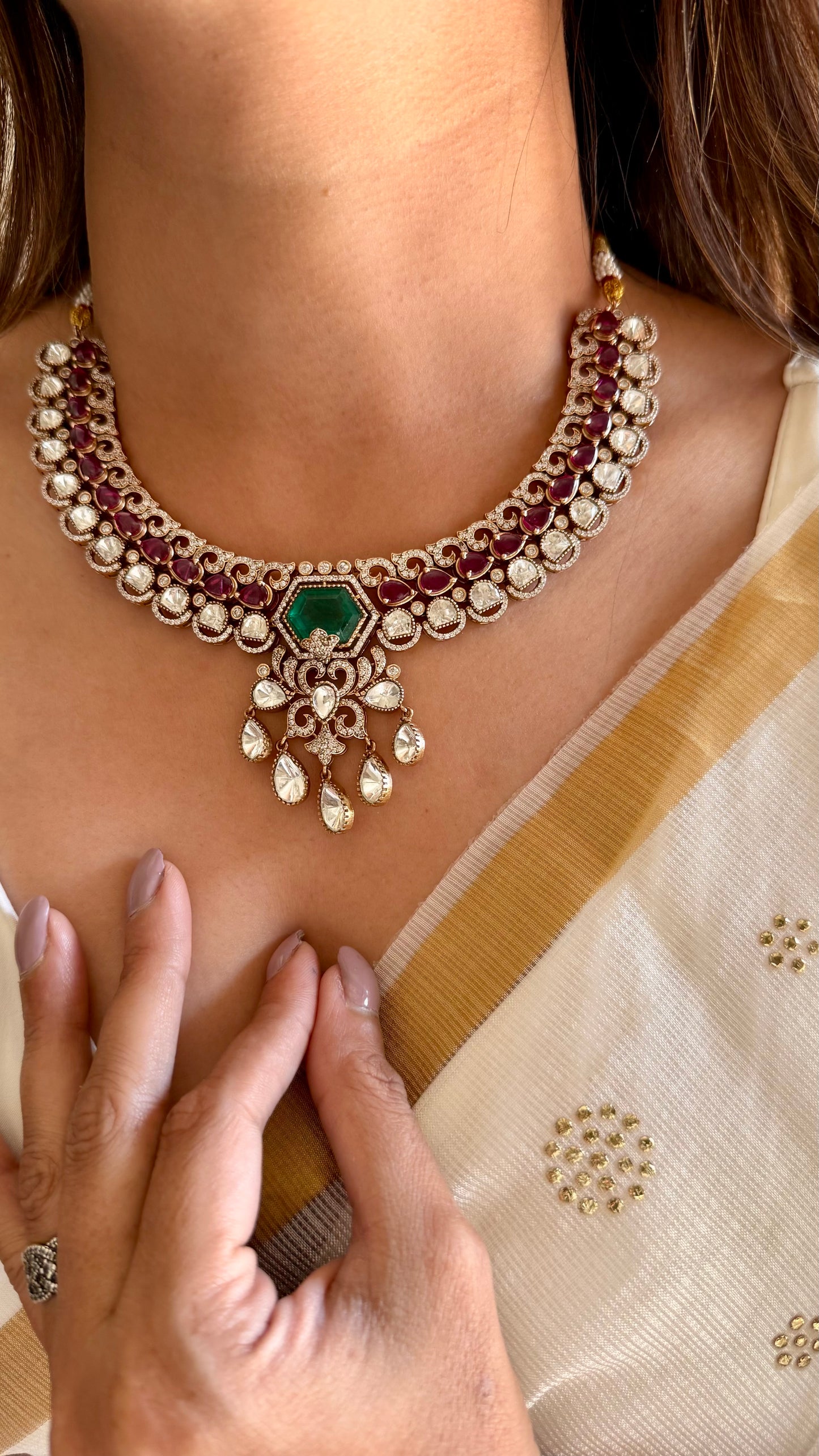 Emerald doublet ruby moissanite polki collar necklace