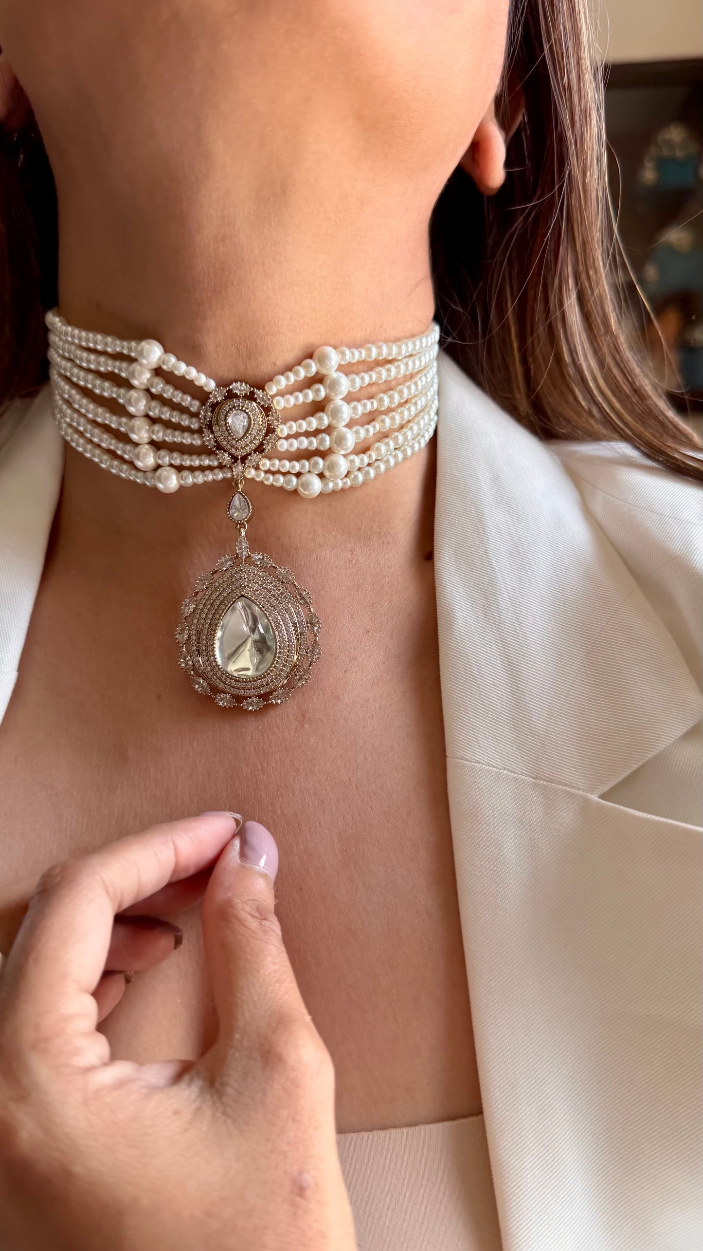 Moissanite polki drop pearl designer choker