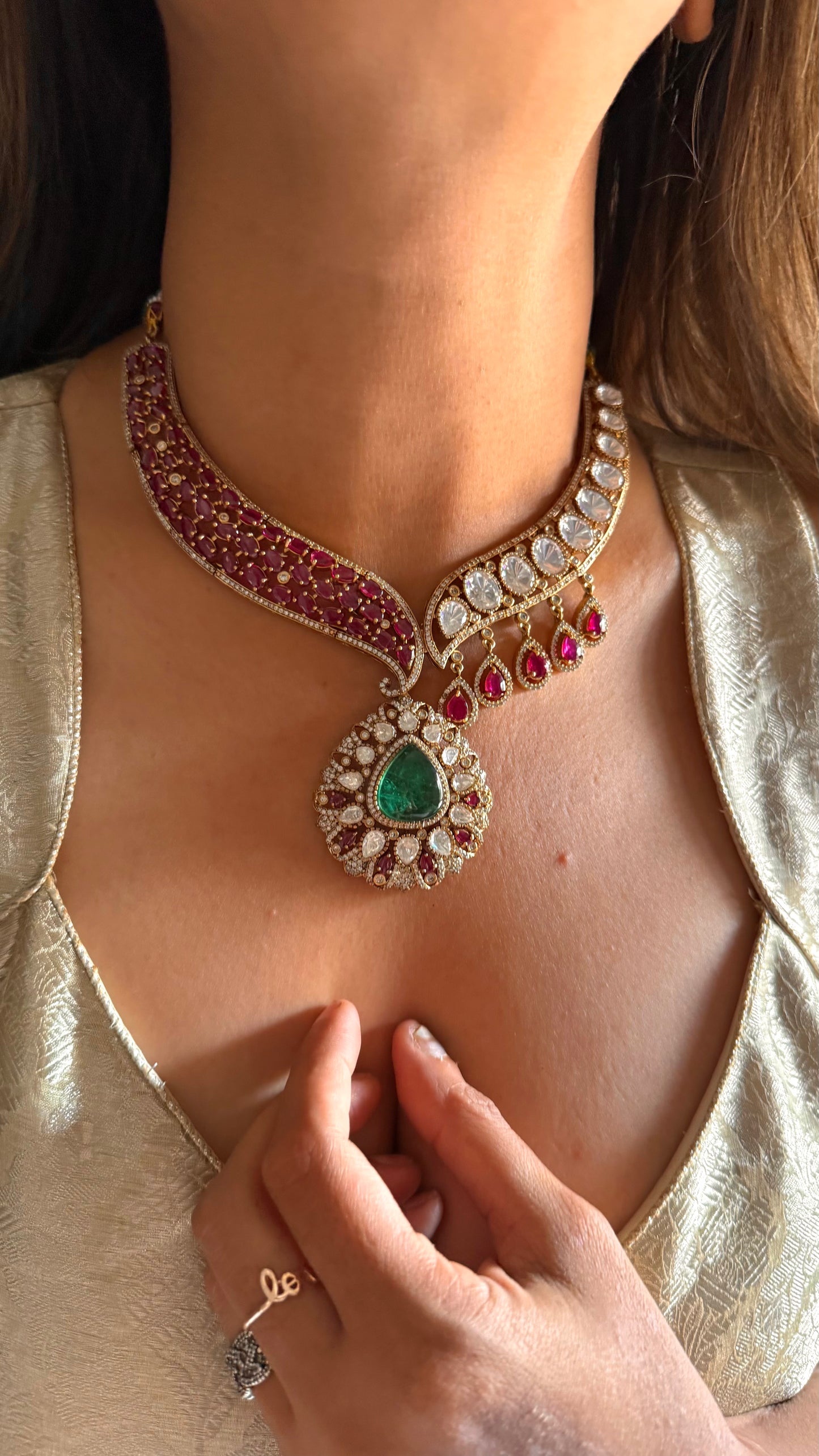 Mohini Emerald doublet & rani pink moissanite polki designer collar necklace
