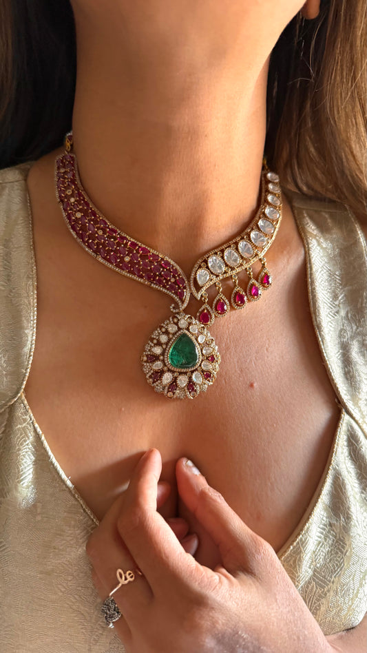 Mohini Emerald doublet & rani pink moissanite polki designer collar necklace