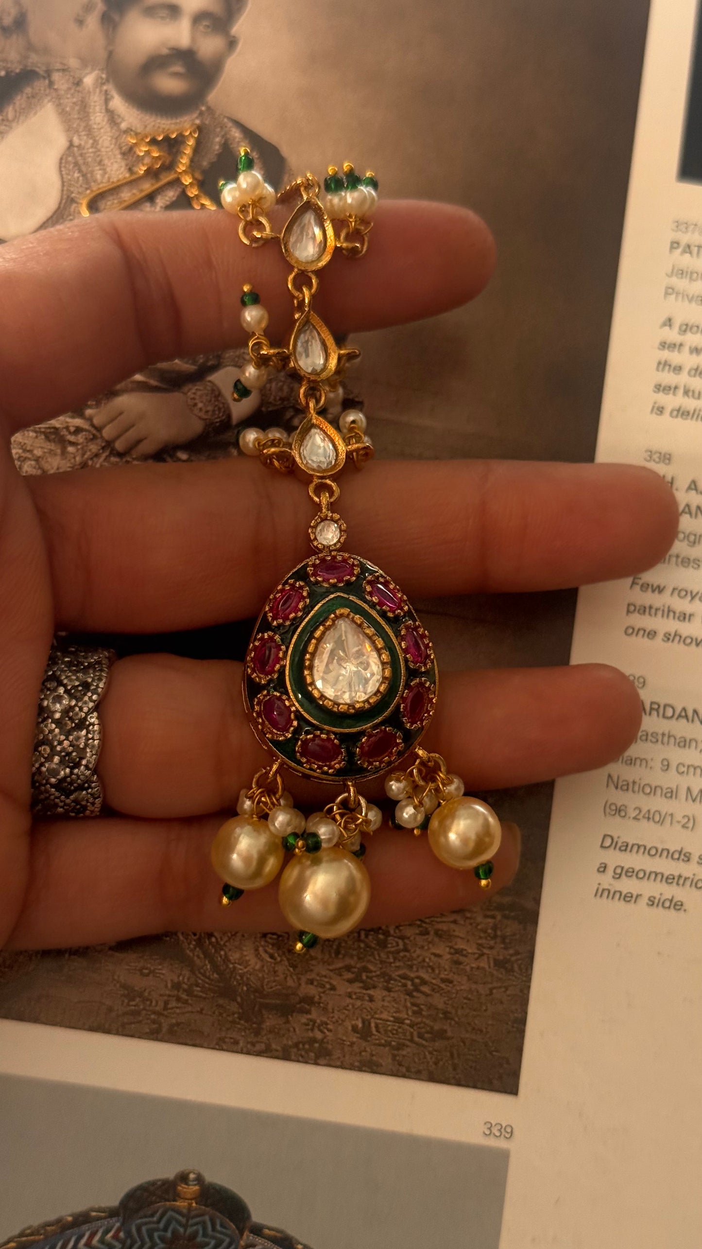 Ruby & emerald meenakari with off white pearls  maangtika