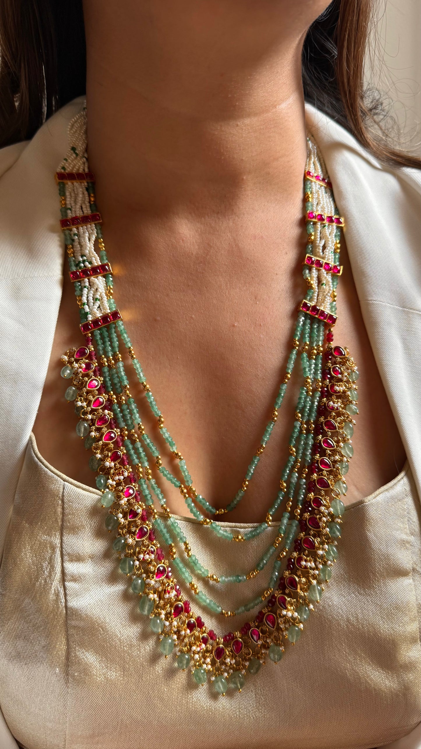 Rani pink & mint layered with mint drop rajwada long set