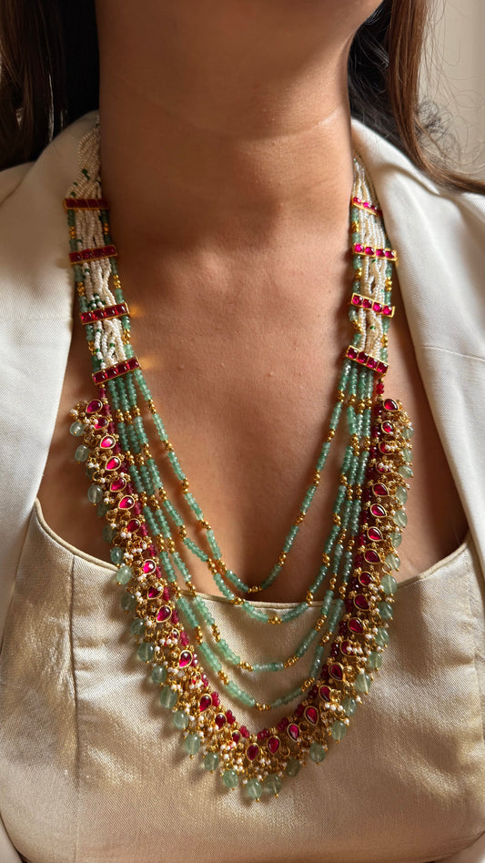 Rani pink & mint layered with mint drop rajwada long set
