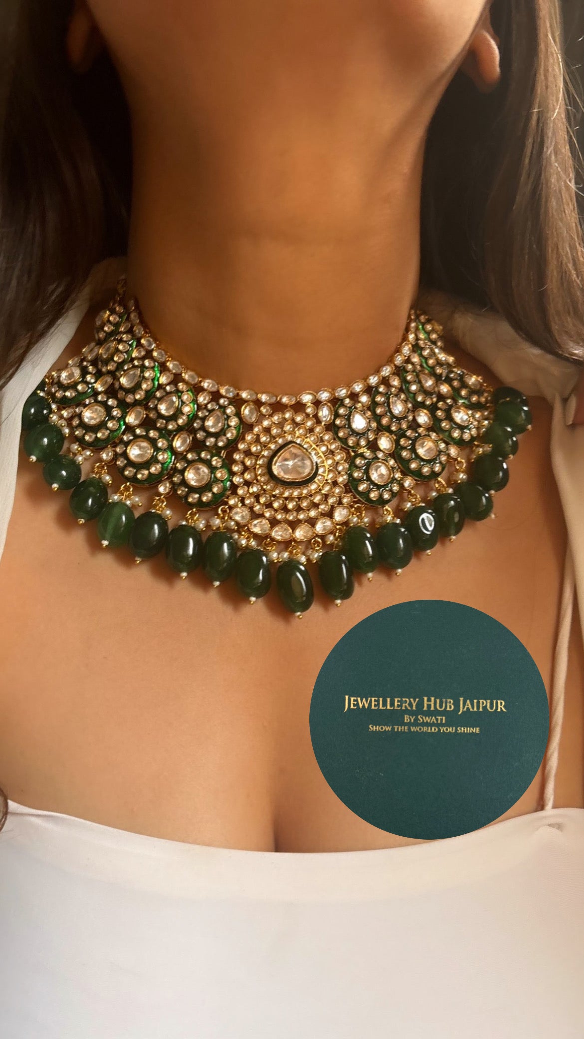 Emerald meenakari polki collar necklace set