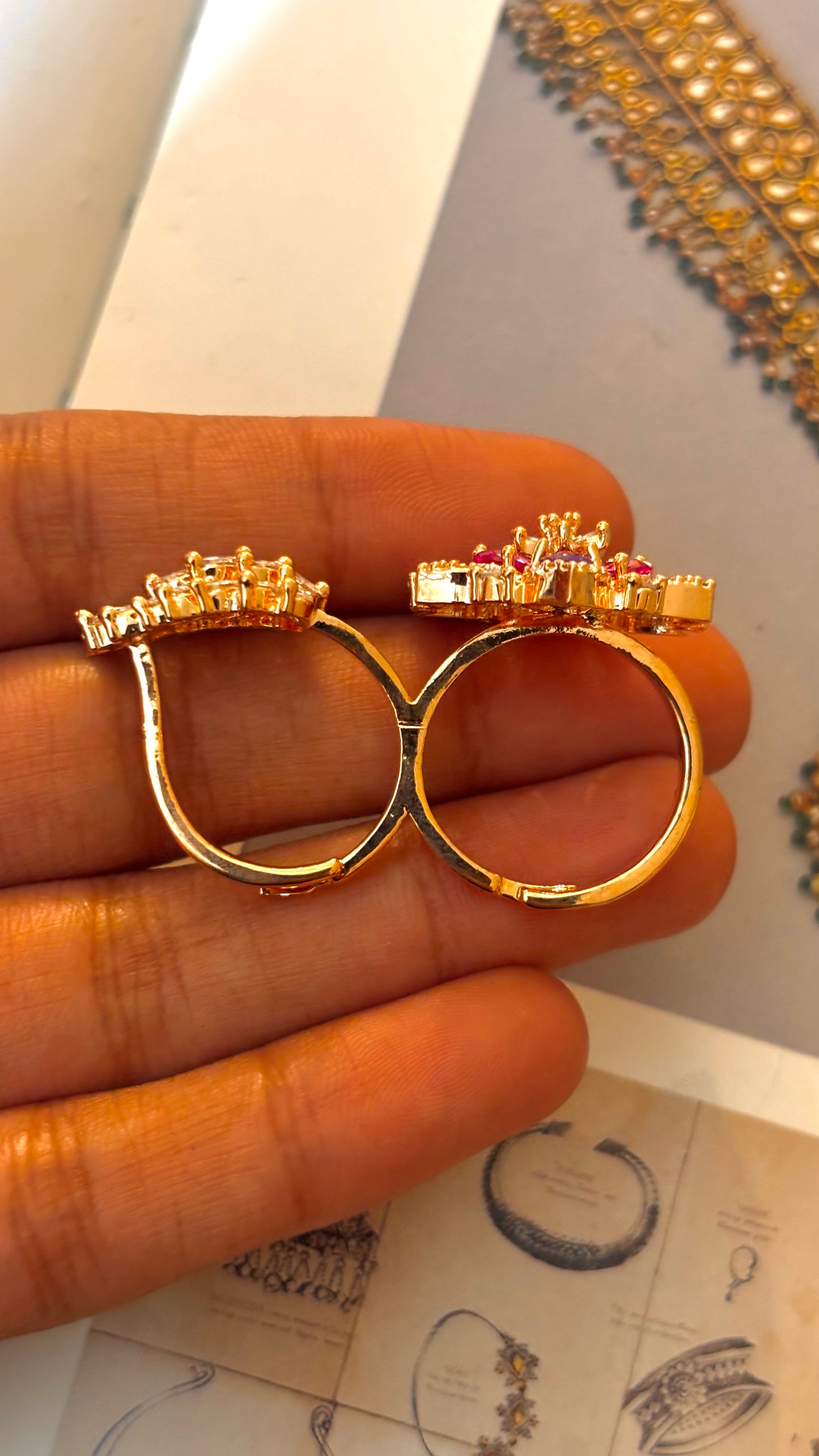 Ruby & tanzanite rose gold adjustable dual finger ring