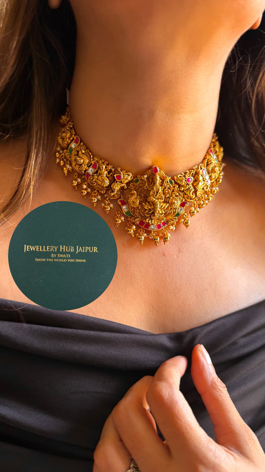 Goddess laxmi & rani pink peacock temple choker set