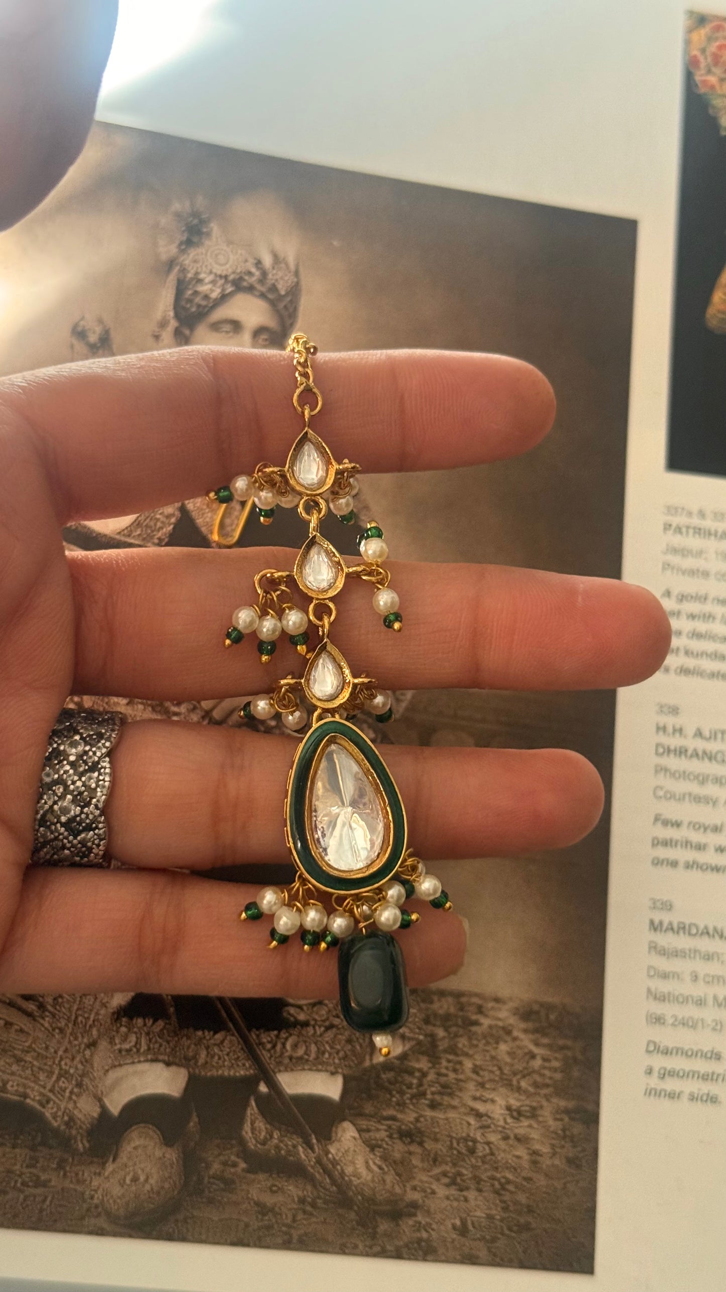 Emerald tear drop polki meenakari  maangtika