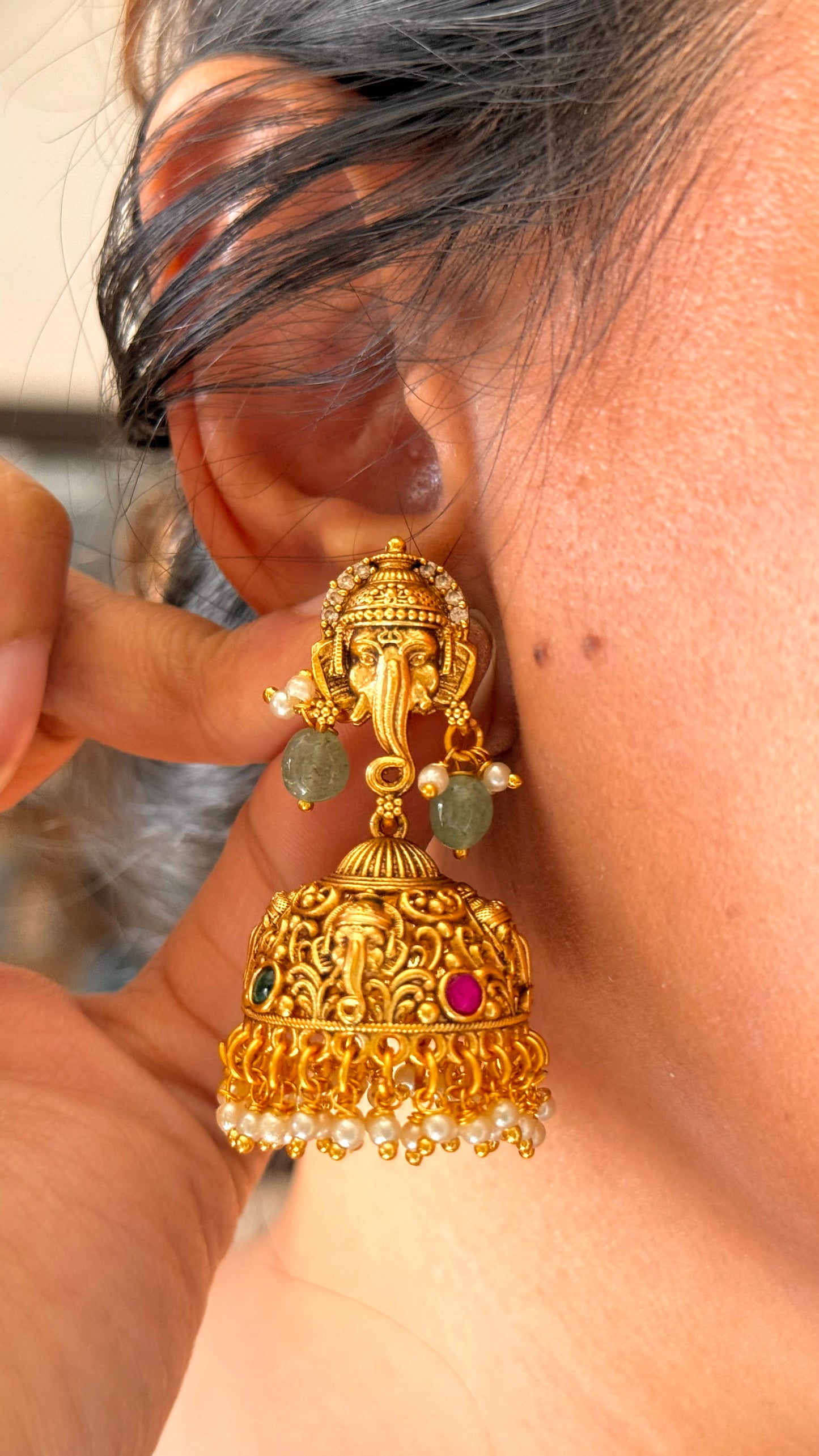 Ganeshji inspired emerald with mint drop Pendant set