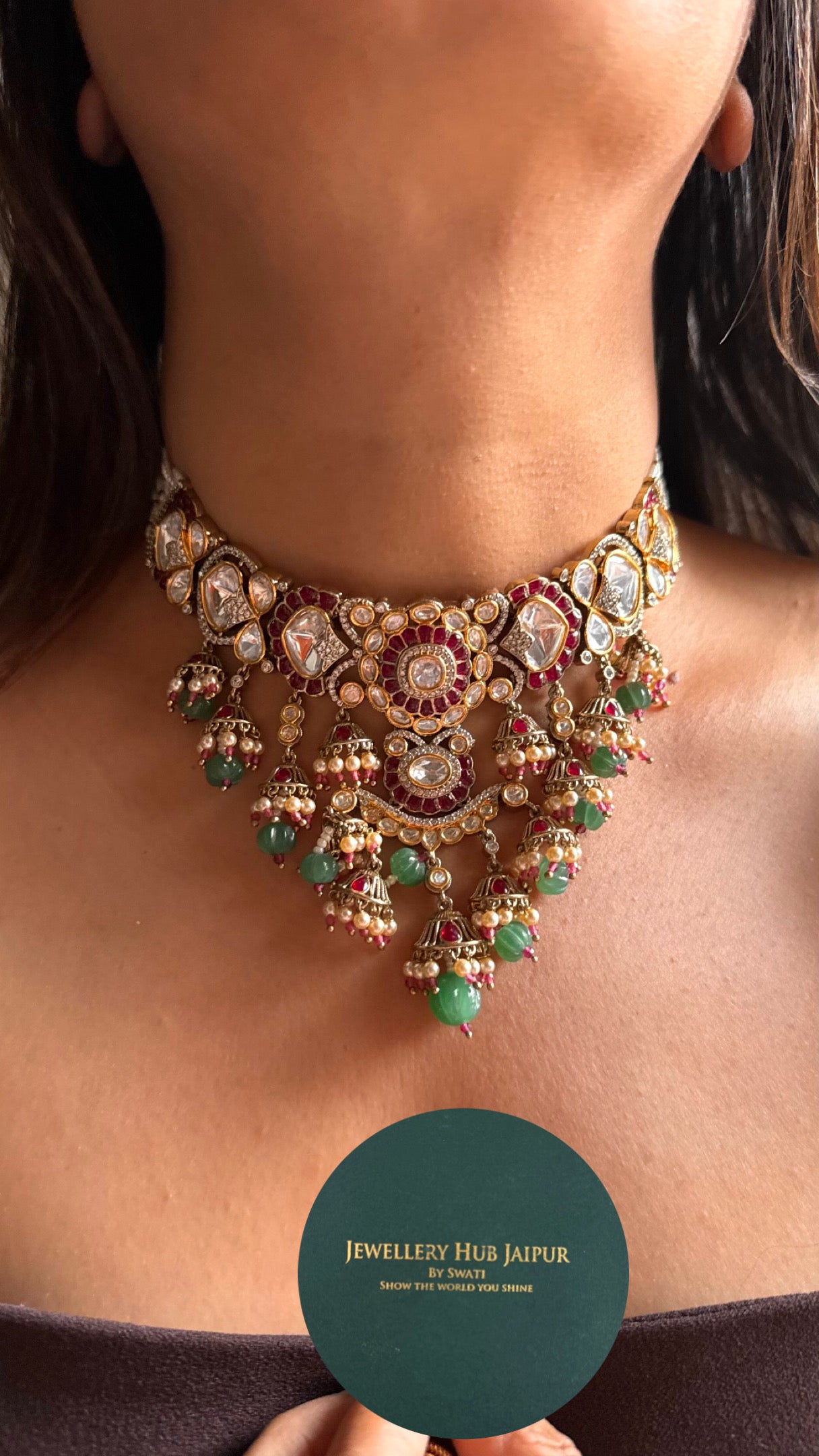 Ruby vintage with mint jhumki detailing choker necklace