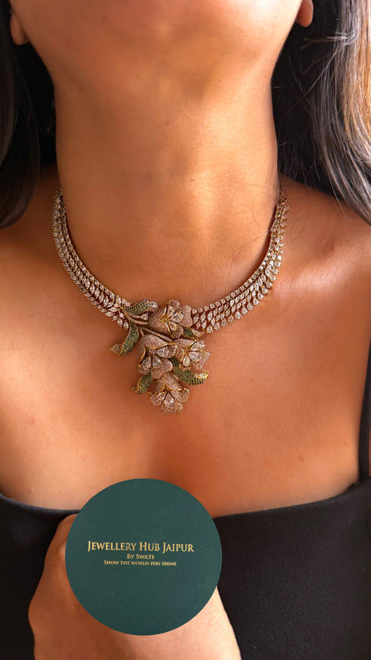Rose quartz floral designer cocktail Necklace