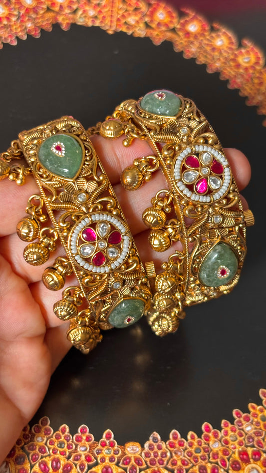 Rani pink floral with mint inlay rajwada openable Bangles