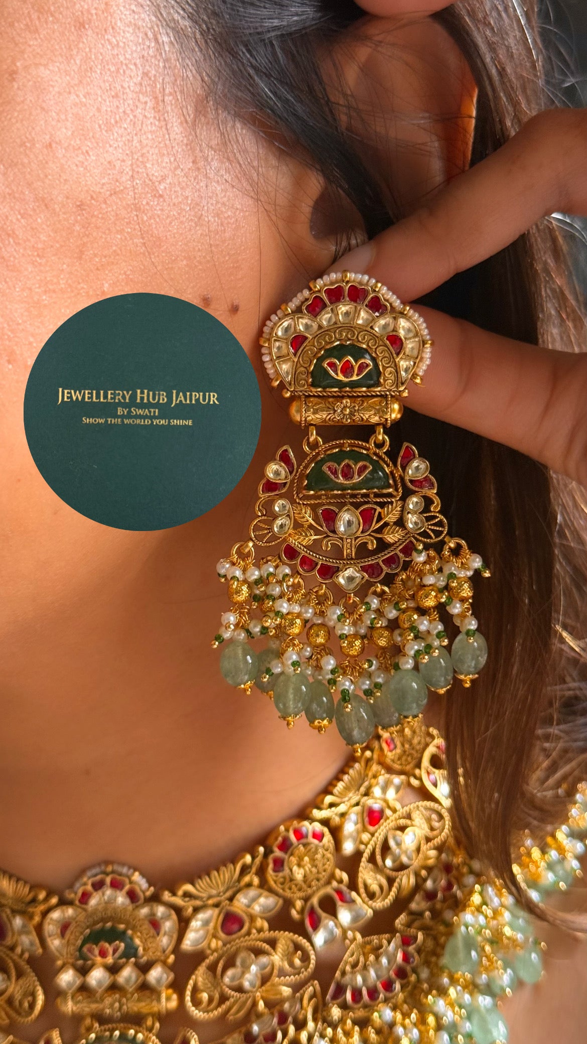Handmade Heritage Polki Emerald inlay work & rani pink heritage rajwada bridal set
