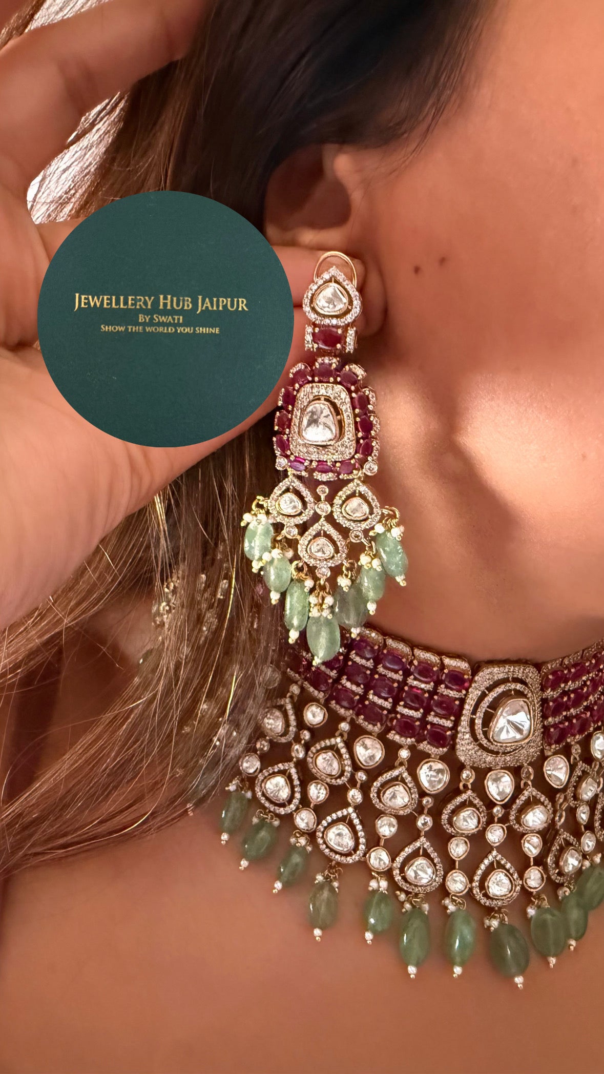 Anshika Rani pink moissanite polki & mint drops choker
