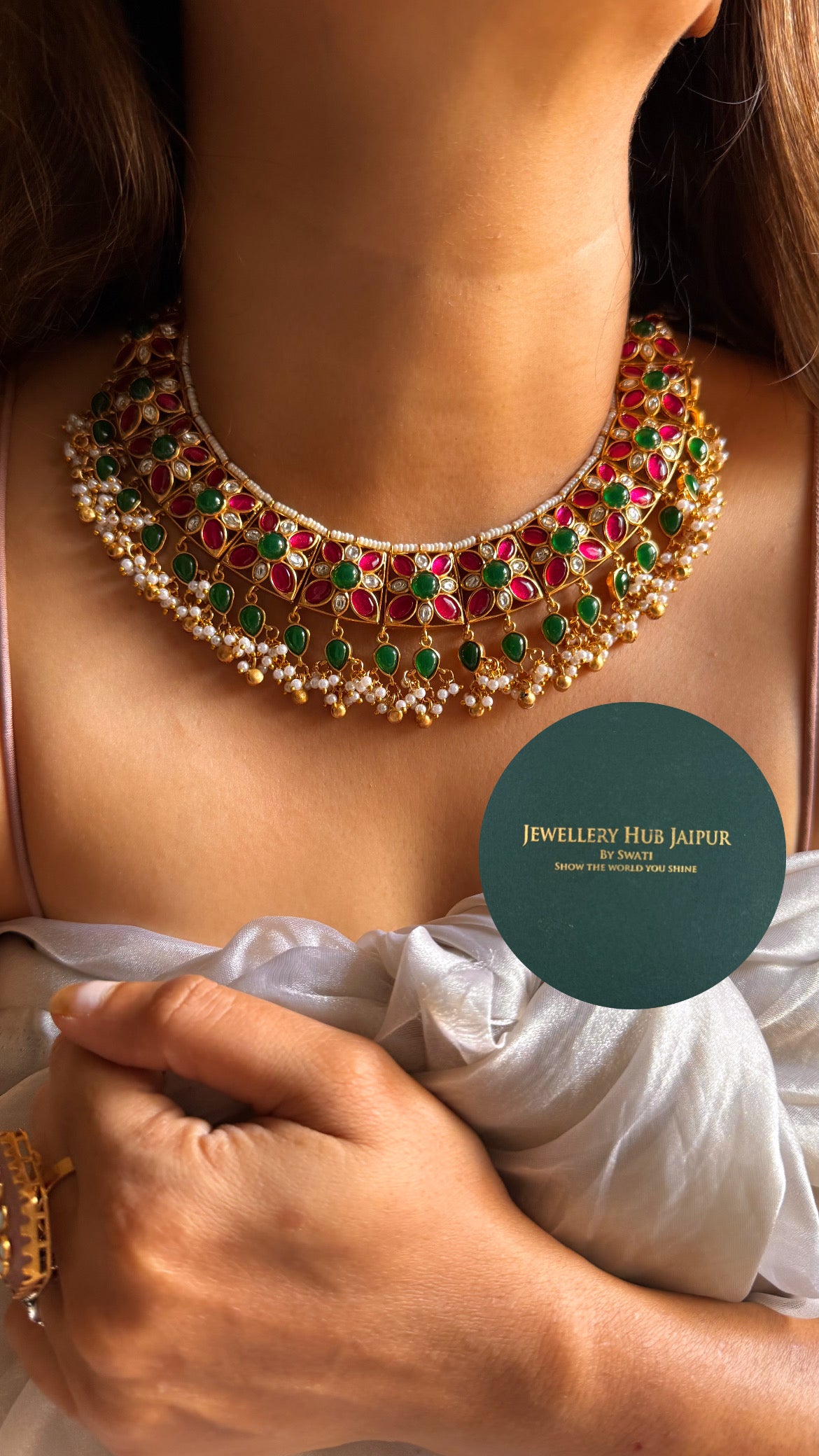 Amrapali inspired Natural stone Rani pink & emerald rajwada aad style set