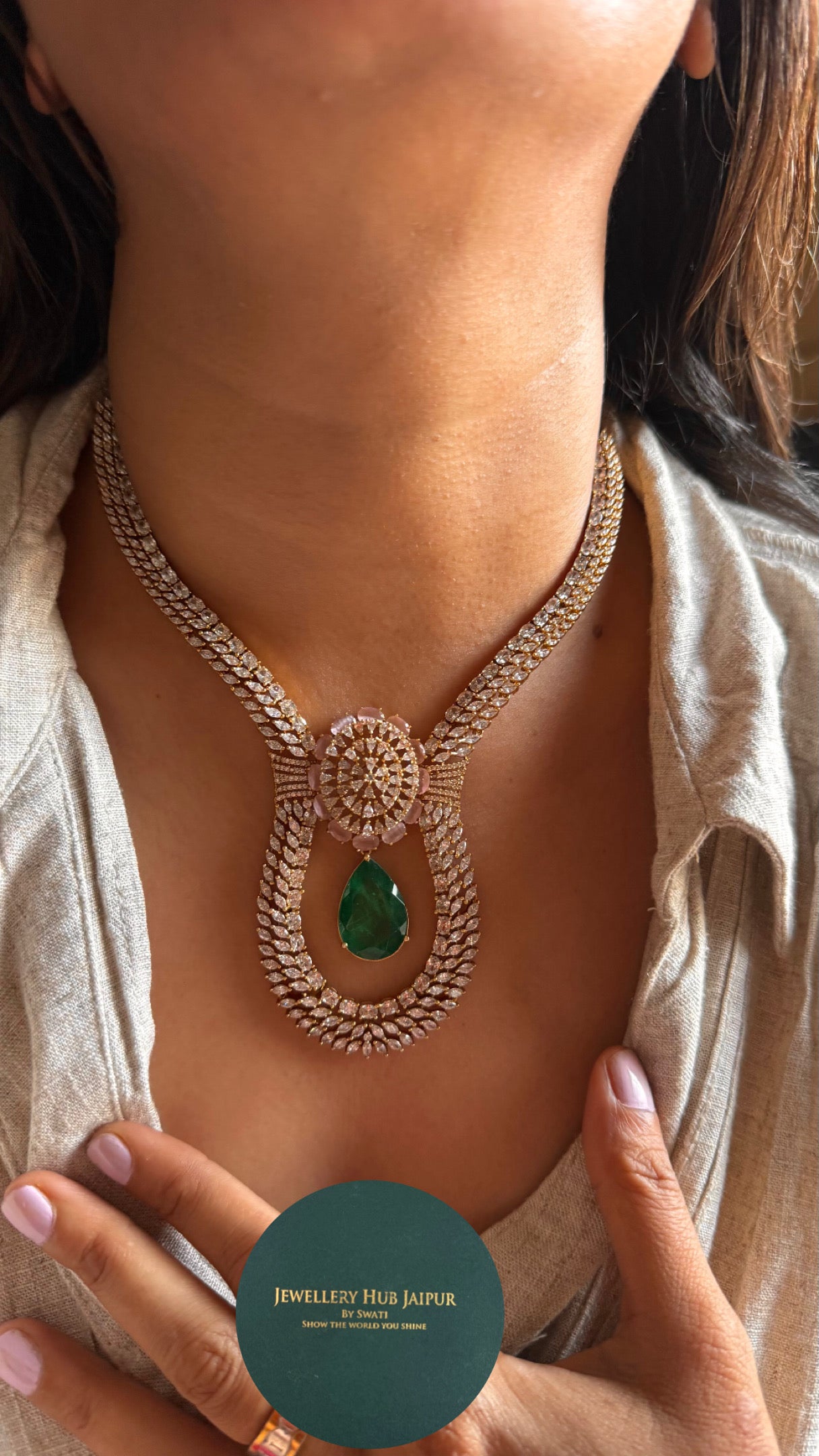 Emerald & rose quartz doublets with cz diamond desginer necklace