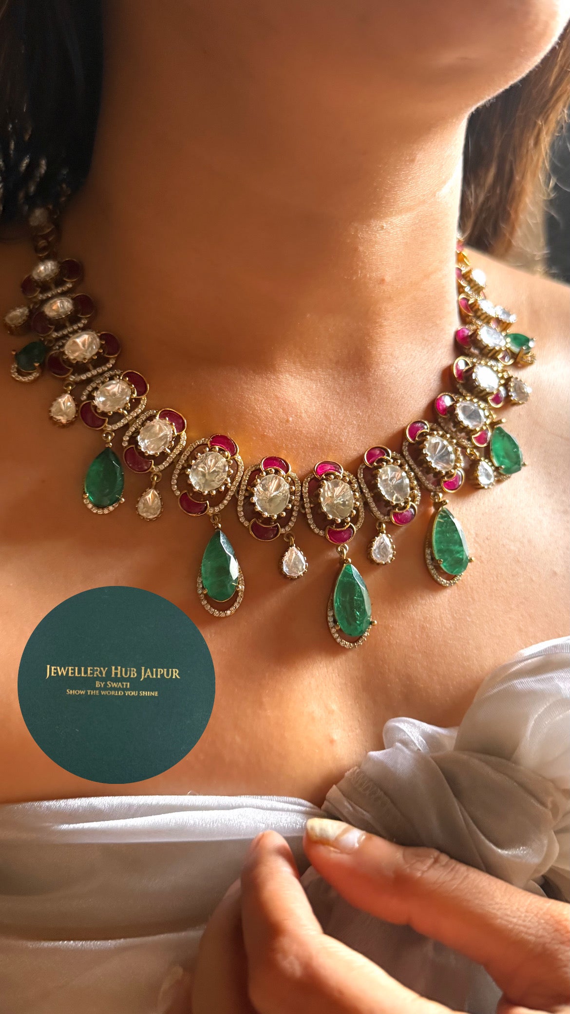 Emerald doublet drop with ruby katdana polki collar set